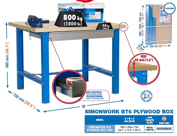 SIMON RACK - Simonrack - Etabli 865x1800x750mm Gris - Bt6 Plywood Box 1800 - large