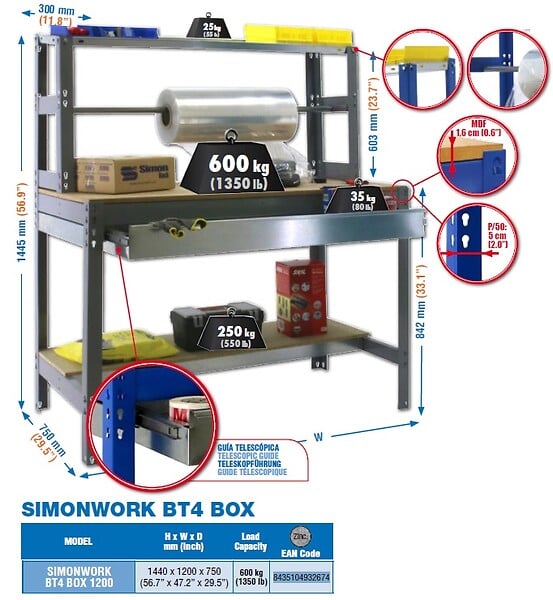 SIMON RACK - Simonrack - Kit Etabli 1440x1200x750mm Charge 600kg -  Simonwork Bt4 Box 1200 Galva - large