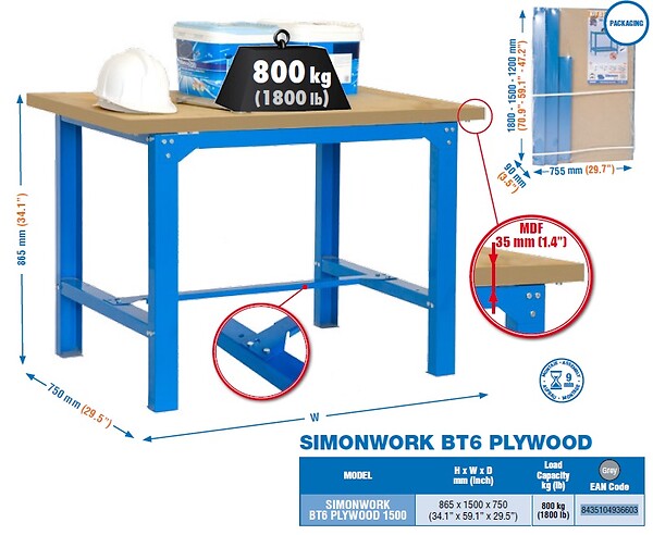 SIMON RACK - Simonrack - Etabli 865x1500x750mm Gris Foncé - Bt6 Plywood 1500 - large