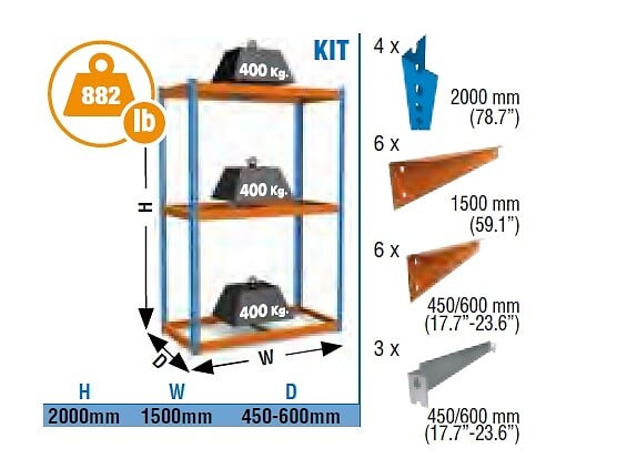 SIMON RACK - Simonrack - Etagère De Rangement Sans Plateau 2000x1500x600mm Bleu/orange Charge 400 Kg - Ecoforte 1506-3 - large