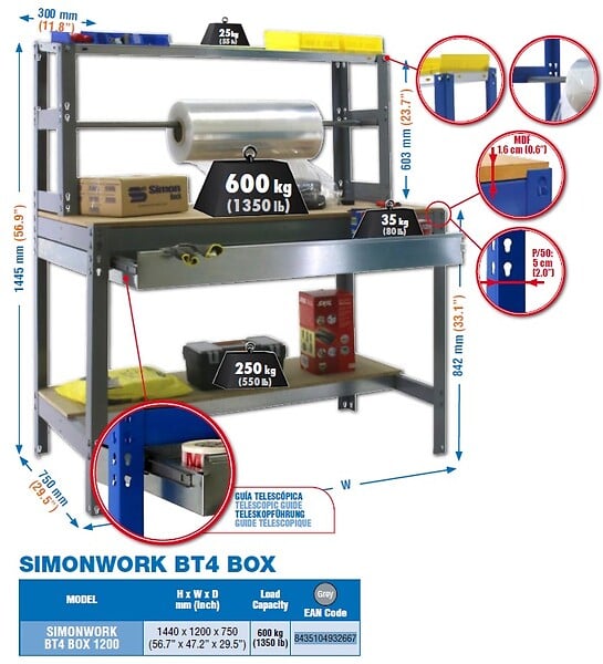 SIMON RACK - Simonrack - Kit Etabli 1440x1200x750mm Charge 600kg -  Simonwork Bt4 Box 1200 Gris Fonce - large