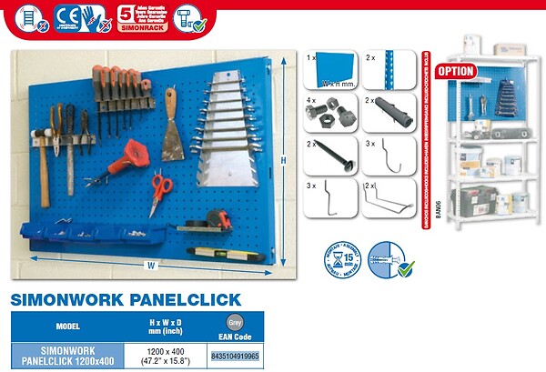 SIMON RACK - Simonrack - Panneau Mural De Rangement 1200x400mm Gris - Panelclick 1200x400 - large