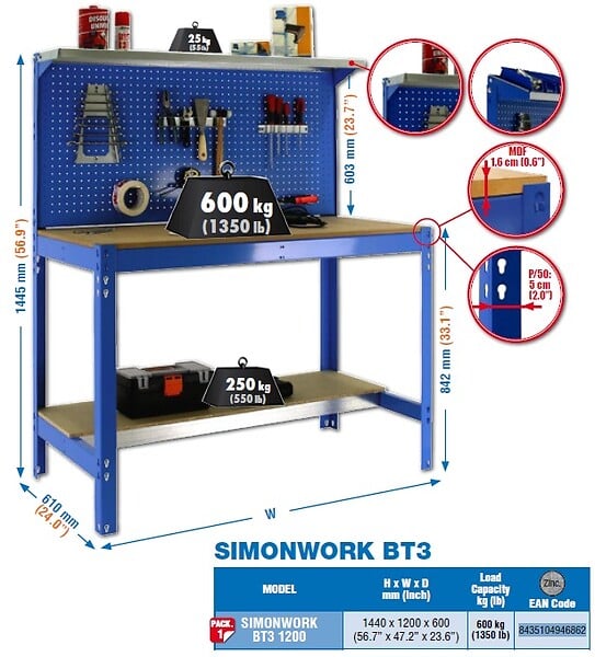 SIMON RACK - Simonrack - Kit Etabli 1440x1200x600mm Charge 600kg -  Simonwork Bt3 1200 Galva/bois - large