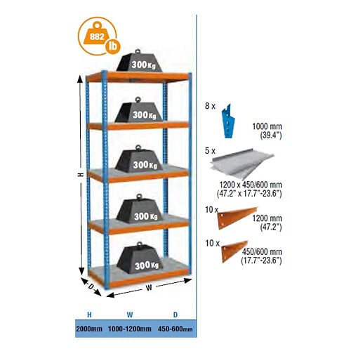 SIMON RACK - Simonrack - Etagère De Rangement 2000x1200x450mm Bleu/orange/galva Charge 300 Kg - Bricoforte 1204-5 Metal - large