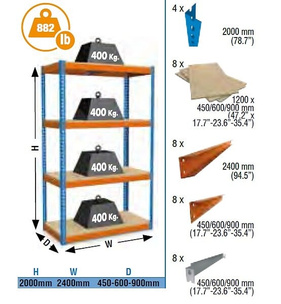 SIMON RACK - Simonrack - Etagère De Rangement 2000x2400x450mm Bleu/orange/bois Charge 400 Kg - Simonforte 2404-4 Chipboard - large