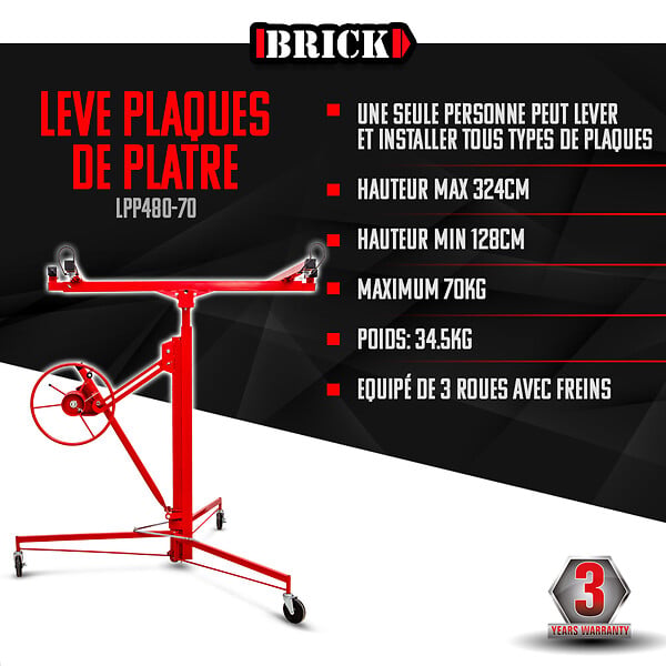 BRICK - Lève plaques de plâtre - Poids max 70kg - large