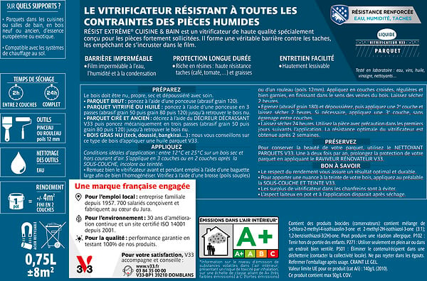 V33 BOIS - Vitrificateur resist extrême Cuisine et Bain incolore satin 0.75 L - large