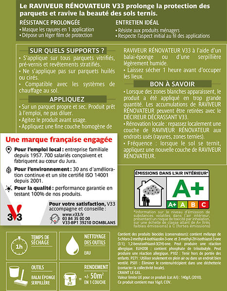 V33 BOIS - Raviveur renovateur parquets incolore satin 1 L - large