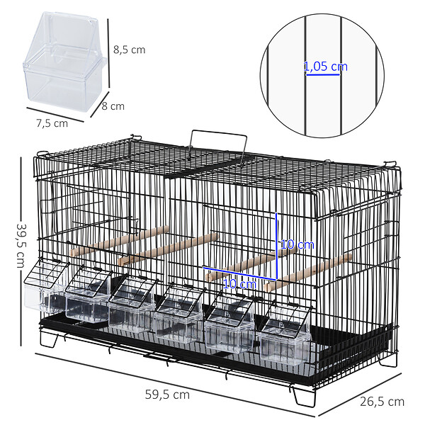 PAWHUT - PawHut Cage à oiseaux dim. 59,5L x 29,8I x 35,3H cm mangeoires perchoirs 4 portes plateau excrément amovible + poignée transport métal PP noir - large