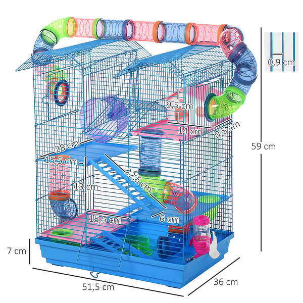 PAWHUT - Cage pour Hamster Souris Petit Animaux Rongeur avec Tunnel Mangeoire Roue Jouet 47 x 30 x 59 cm cm Bleu - large