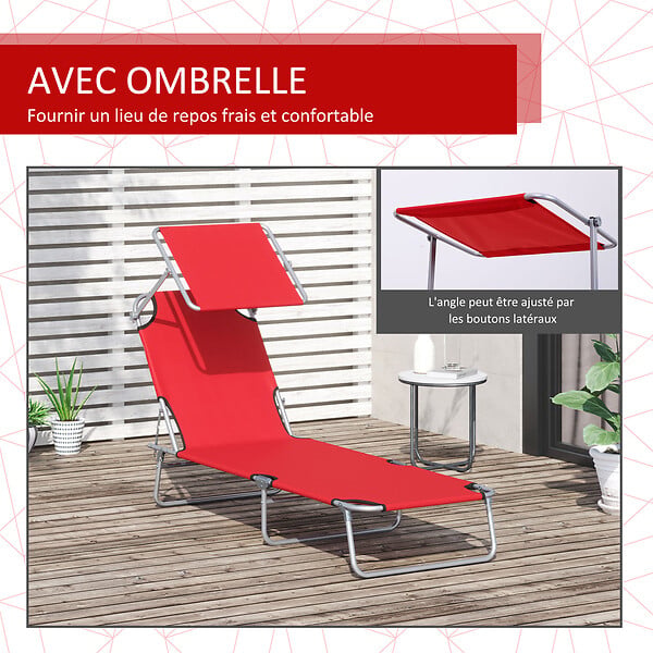 OUTSUNNY - Transat bain de soleil pliable grand confort dossier et pare-soleil réglable multi-positions rouge - large