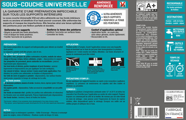 V33 PEINTURE - Sous-couche universelle intérieure - Blanc - 0,5L - large