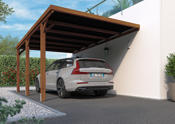CERLAND - Carport Victor adossable - Bois traité - 1 voiture - 3.30x5.12x2.52m - large