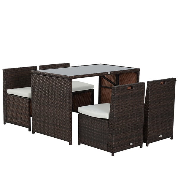 OUTSUNNY - Ensemble salon de jardin encastrable 4 chaises monoblocs avec coussins déhoussables et table résine tressée chocolat - large