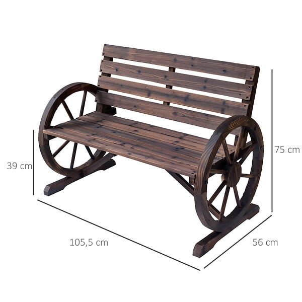 OUTSUNNY - Banc de jardin 3 places style rustique chic accoudoirs roues charette bois sapin traité carbonisation - large