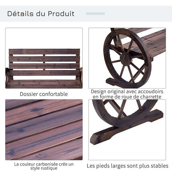 OUTSUNNY - Banc de jardin 3 places style rustique chic accoudoirs roues charette bois sapin traité carbonisation - large