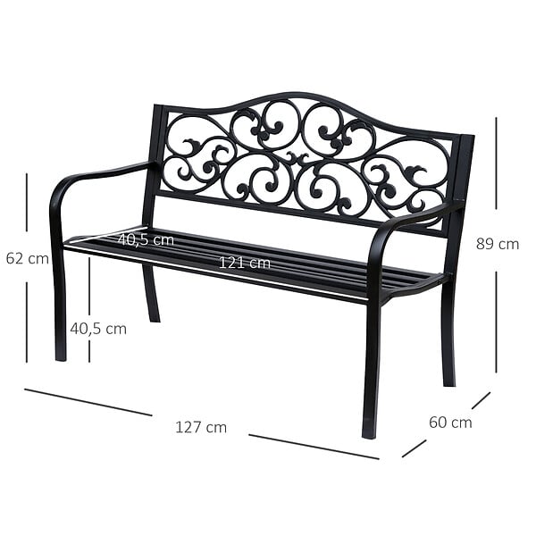 OUTSUNNY - Banc 3 places de jardin terrasse style cosy chic 127L x 60l x 89H cm métal époxy anticorrosion noir - large