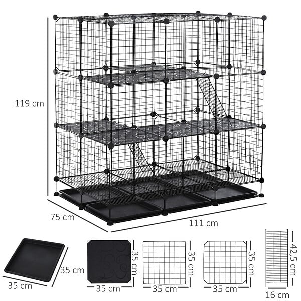 PAWHUT - Cage parc enclos rongeurs modulable dim. L 111 x l 75 x H 119 cm 3 niveaux 4 portes fil métallique noir - large