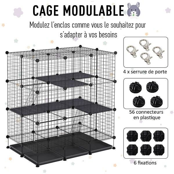 PAWHUT - Cage parc enclos rongeurs modulable dim. L 111 x l 75 x H 119 cm 3 niveaux 4 portes fil métallique noir - large