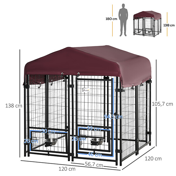 PAWHUT - Chenil extérieur pour chien - cage chien - enclos chien - toile toit imperméable anti-UV, porte verrouillable, 2 bols rotatifs - acier noir oxford pourpre - large