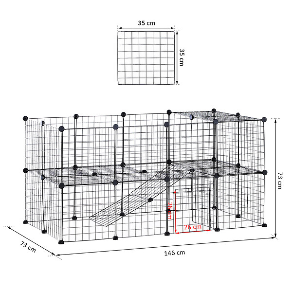 PAWHUT - Cage parc enclos pour animaux domestiques L 146 x l 73 x H 73 cm modulable 2 niveaux 36 panneaux bords arrondis fil métallique noir - large