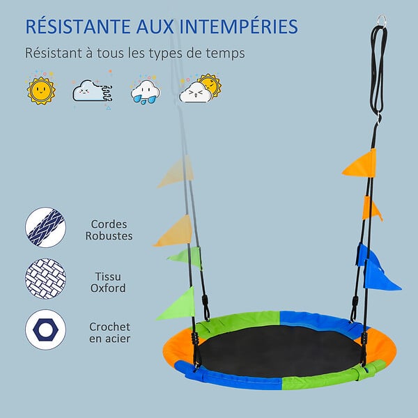 OUTSUNNY - Balançoire nid d'oiseau ronde balançoire panier Ø 100 cm 2 anneaux inclus métal époxy PP Oxford haute densité drapeaux multicolores - large