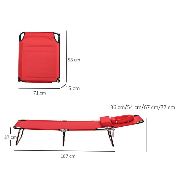 OUTSUNNY - Bain de soleil pliable transat inclinable 4 positions chaise longue de lecture 3 coussins fournis rouge - large
