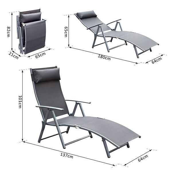 OUTSUNNY - Outsunny transat chaise longue bain de soleil pliable dossier inclinable multi-positions têtière fournie 137L x 64l x 101H cm métal époxy textilène gris - large
