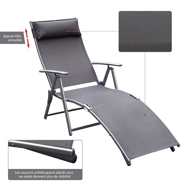 OUTSUNNY - Outsunny transat chaise longue bain de soleil pliable dossier inclinable multi-positions têtière fournie 137L x 64l x 101H cm métal époxy textilène gris - large