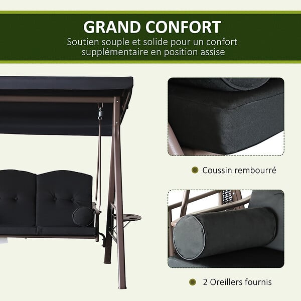 OUTSUNNY - Balancelle de jardin 3 places grand confort toit inclinaison réglable coussins plateaux rétractables polyester filé noir - large
