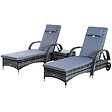 OUTSUNNY - Lot de 2 transats bains de soleil grand confort : matelas, têtière, inclinaison réglable multipositions, accoudoirs, roulettes + table basse verre trempé résine tressée gris - vignette