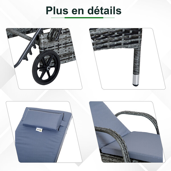 OUTSUNNY - Lot de 2 transats bains de soleil grand confort : matelas, têtière, inclinaison réglable multipositions, accoudoirs, roulettes + table basse verre trempé résine tressée gris - large