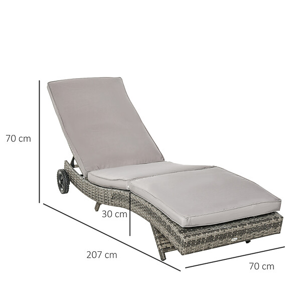 OUTSUNNY - Bain de soleil transat grand confort - dossier inclinable 5 positions roulettes - matelas déhoussable inclus - résine tressée grise - large