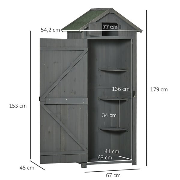 OUTSUNNY - Armoire abri de jardin remise pour outils 3 étagères 2 portes loquets toit pente bitumé 77L x 54l x 179H cm sapin traité gris - large