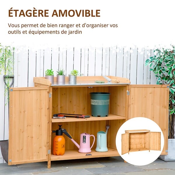 OUTSUNNY - Armoire de jardin sur pied table de rempotage 2 en 1 - double porte, étagère, plateau tôle acier galvanisé - bois de cèdre pré-huilé - large