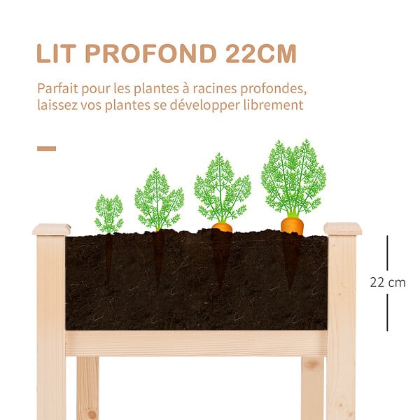 OUTSUNNY - Jardinière sur pieds potager dim. 122L x 56l x 76H cm inserts d'irrigation + feutre de drainage inclus bois massif sapin - large