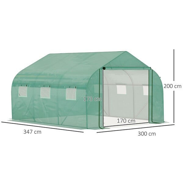 OUTSUNNY - Serre tunnel de jardin grande taille dim. 3,47L x 3l x 2H m - 6 fenêtres et porte zippée enroulable - acier galvanisé PE haute densité vert - large