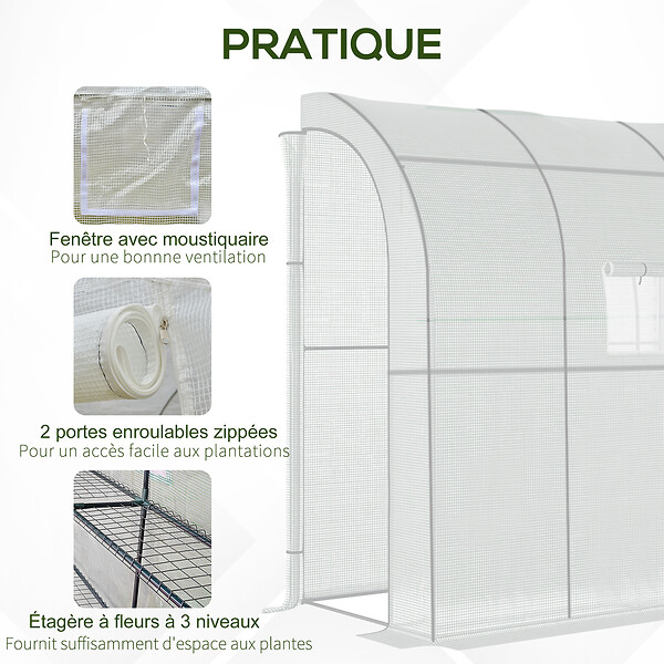 OUTSUNNY - Serre de jardin adossée serre adossée dim. 2L x 1l x 2,13H m 4 étagères 2 portes zippées 1 fenêtre acier PE haute densité blanc - large