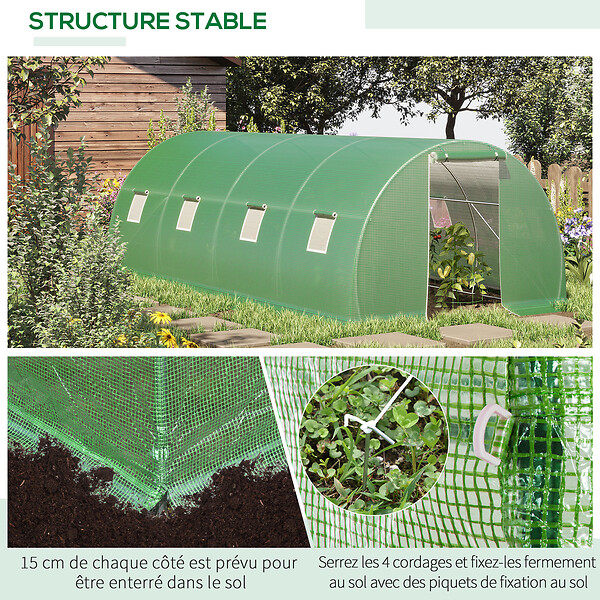 OUTSUNNY - Serre de jardin tunnel 18 mÂ² dim. 6L x 3l x 2H m - 8 fenêtres, porte zippée enroulable - châssis tubulaire acier galvanisé, bâche PE haute densité vert - large