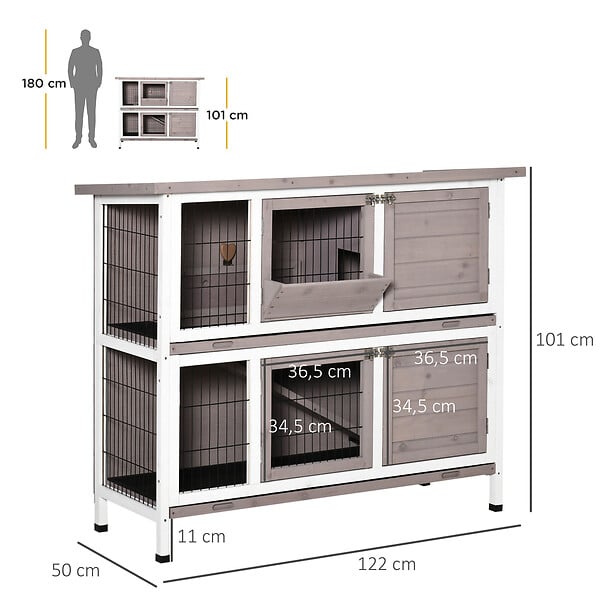PAWHUT - Clapier à lapin cage à lapin 2 étages trappe de séparation amovible 4 portes verrouillables 2 plateaux coulissants rampe toit ouvrant bois de sapin gris blanc - large