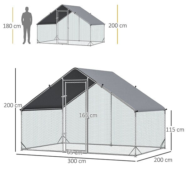 PAWHUT - Enclos poulailler chenil 6 m² - parc grillagé dim. 3L x 2l x 2H m - poulailler chenil entièrement couvert - acier galvanisé - large