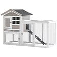 PAWHUT - Clapier cage à lapins cottage - niche supérieure avec rampe et enclos extérieur - plateau excrément, toit bitumé, 4 portes verrouillables - bois sapin blanc gris - vignette