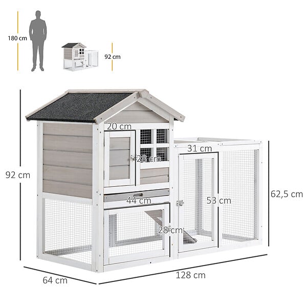 PAWHUT - Clapier cage à lapins cottage - niche supérieure avec rampe et enclos extérieur - plateau excrément, toit bitumé, 4 portes verrouillables - bois sapin blanc gris - large