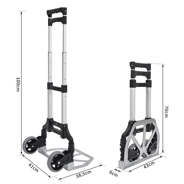 HOMCOM - Chariot diable pliable leger telescopique charge 70kg en aluminium argent-noir - large