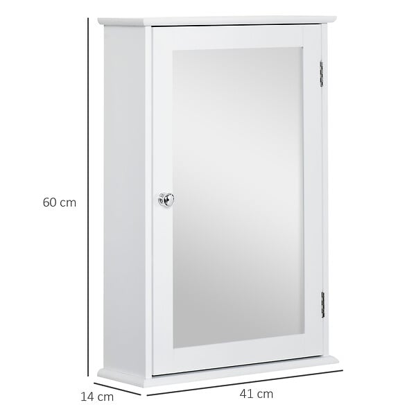 KLEANKIN - Armoire murale de salle de bain avec miroir - armoire à glace - placard de rangement toilettes - 1 porte, 2 étagères - verre MDF blanc - large