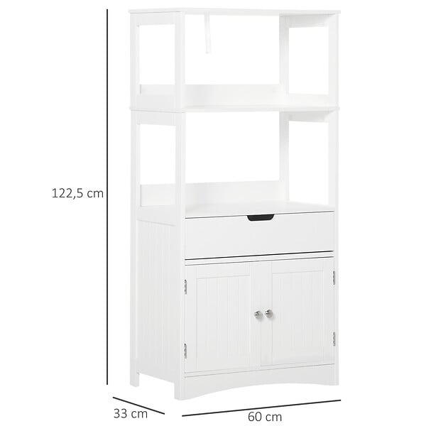 KLEANKIN - Meuble de rangement salle de bain - 2 portes, tiroir, 3 étagères - dim. 60L x 33l x 122H cm - MDF blanc - large