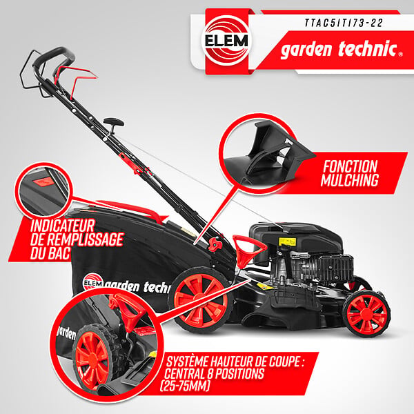 ELEM GARDEN TECHNIC - Tondeuse thermique autotractée 173 CC - 508mm avec éjection latérale et mulching - large