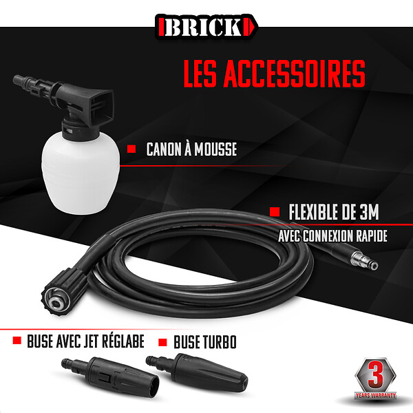 BRICK - Nettoyeur haute pression 1400W - 105 bars - Buse turbo et buse rotative - large