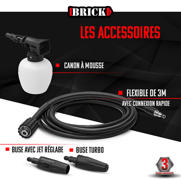 BRICK - Nettoyeur haute pression 1700W - 135 bars sur roues - Buse turbo et buse rotative - large
