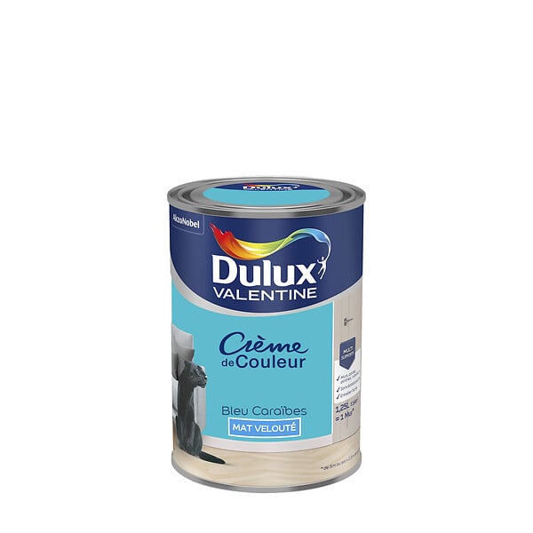 DULUX VALENTINE - Peinture Crème de Couleur - Bleu Caraïbes - Mat - 1,25L - large